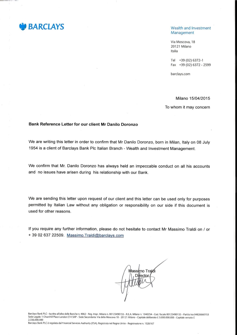 Lettera di referenza bancaria (Barclays)